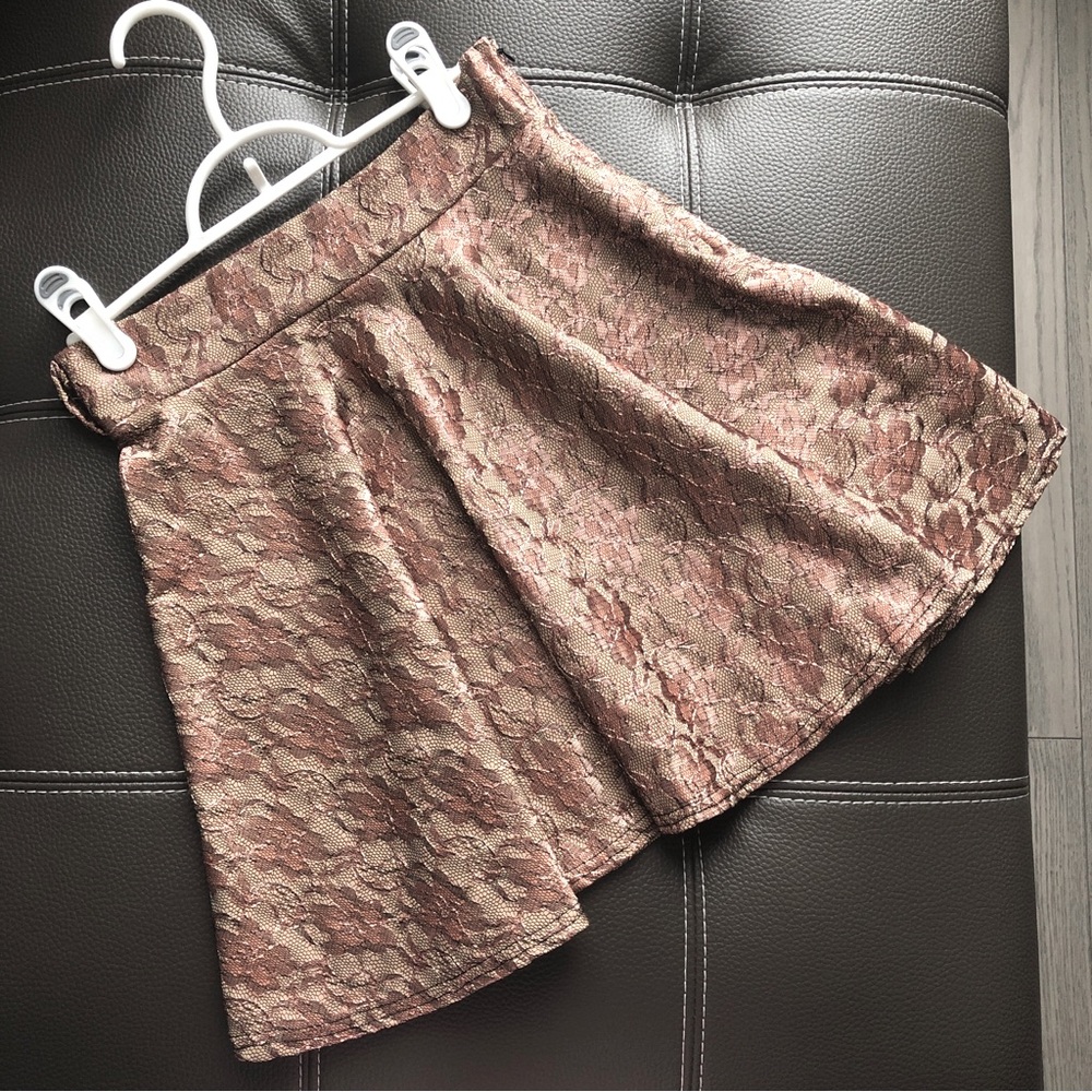 Gold Bronze Metallic Floral Brocade Lace Pleated A-lined Mini Skirt | Skater